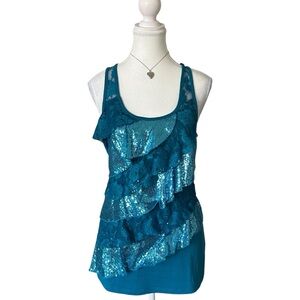Y2K “Vanity” Blue Floral Lace and Sequin Style Tiered Tank Top